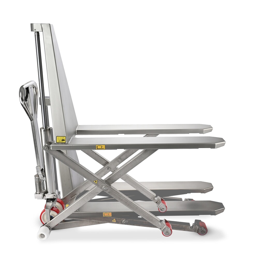 Illustration du produit: Transpalette à ciseaux en acier inoxydable Ameise® PTM 1.0 Scissor INOX, capacité de charge 1 000 kg, électrohydraulique, longueur de fourche 1 200 mm, nylon