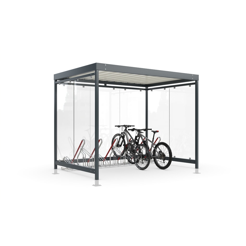 Illustration du produit: wsm® abri à vélos Economy Köln, vitrage ESG, système de stationnement de vélos 2502 XBF, en kit, pour 4 vélos, H x l x P 2440 mm x 3180 mm x 2165 mm