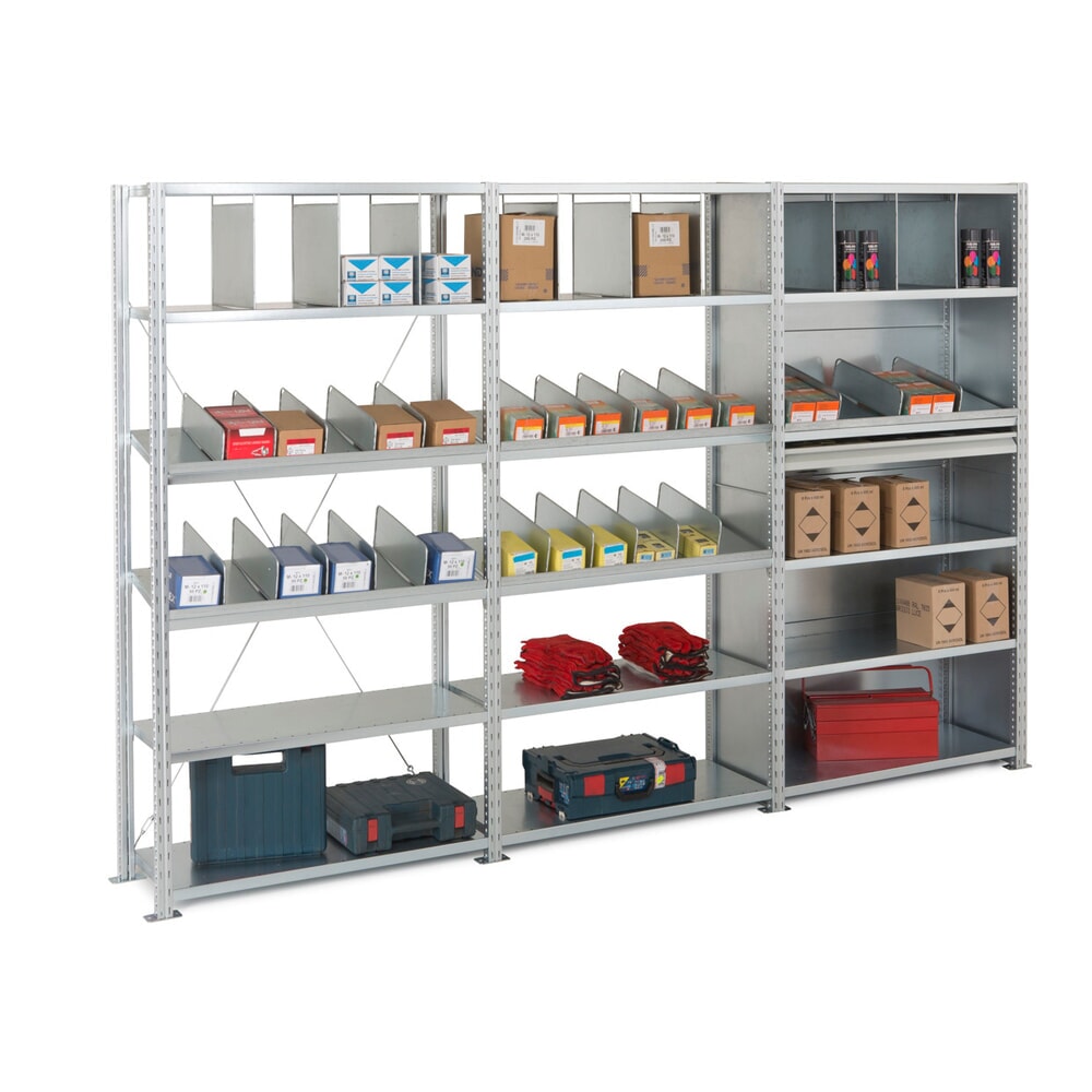 N° de l'image du produit 8 : ManOrga Rayonnage à tablettes, TA, avec tablettes en panneaux d'acier, FL 290 kg, galvanisé, H x l x P 2 500 x 1 300 x 600 mm