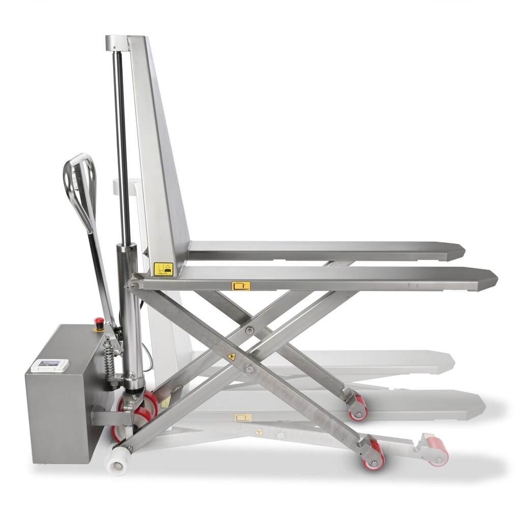 Illustration du produit: Transpalette à ciseaux en acier inoxydable Ameise® PTM 1.0 Scissor INOX, capacité de charge 1 000 kg, électrohydraulique, longueur de fourche 1 200 mm, nylon