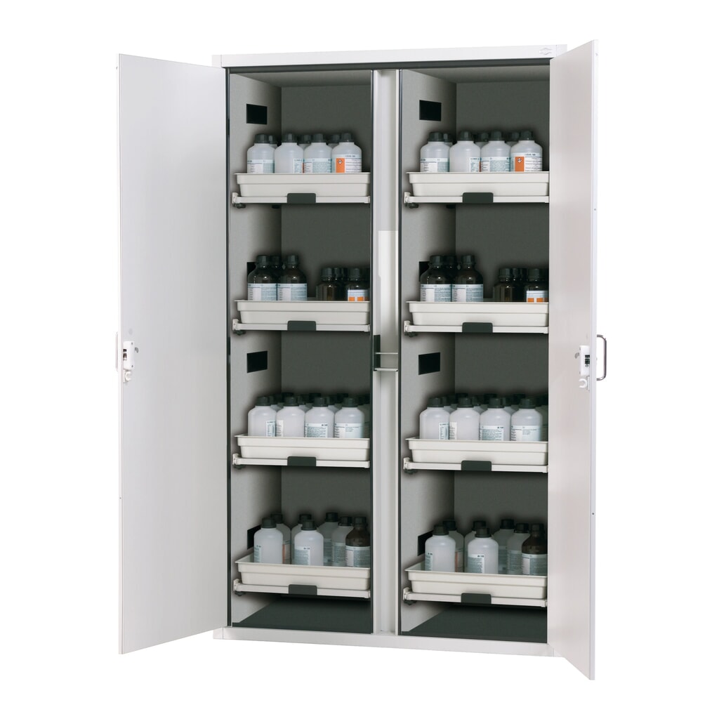 asecos® armoire à acides et produits chimiques CLASSIC, HxlxP 1 965 x 1 197 x 603 mm, 8 étagères coulissantes avec bac en PP, gris clair Illustration du produit: asecos® armoire à acides et produits chimiques CLASSIC, HxlxP 1 965 x 1 197 x 603 mm, 8 étagères coulissantes avec bac en PP, gris clair