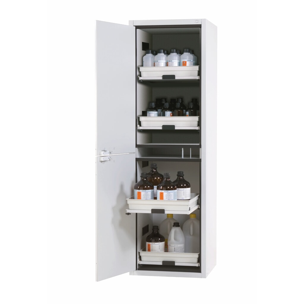 N° de l'image du produit 1 : Armoire à acides et produits chimiques asecos® CLASSIC, HxlxP 1 965 x 597 x 603 mm, 4 étagères coulissantes avec bac en PP, gris clair