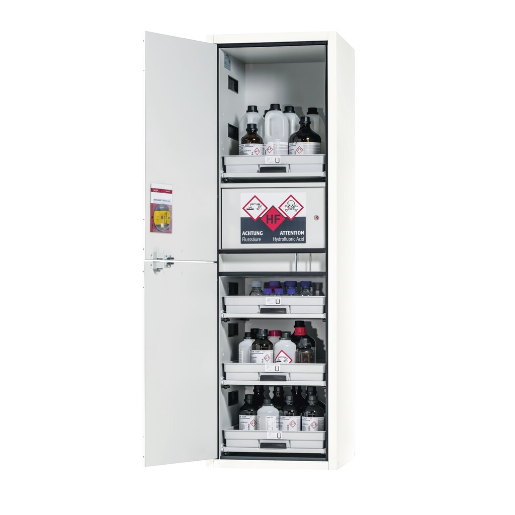 Illustration du produit: asecos® armoire à acides et produits chimiques CLASSIC, HxlxP 1 965 x 597 x 603 mm, 4 étagères coulissantes avec bac en PP, 1 compartiment intégré avec bac en polyéthylène (PE), blanc laboratoire