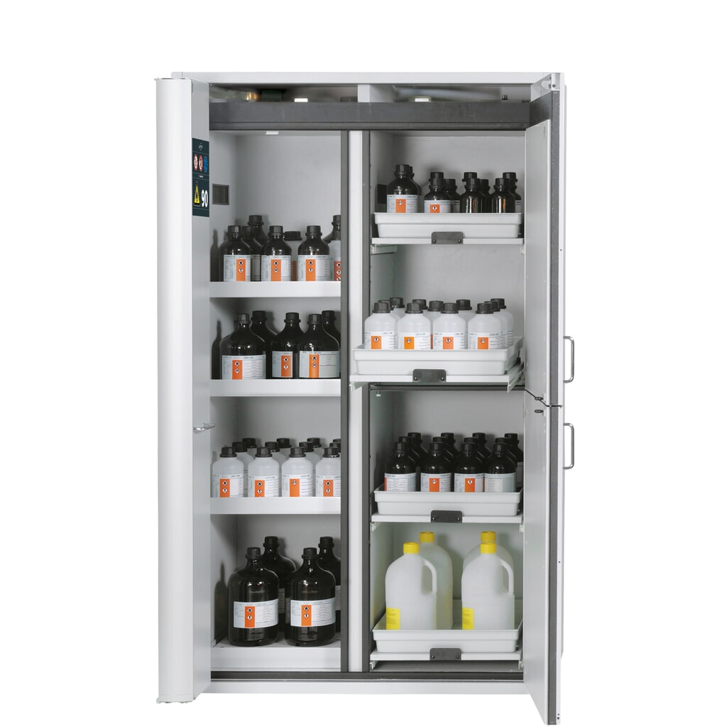 N° de l'image du produit 1 : asecos® K-PHOENIX-90 Armoire combinée HxLxP 1,969 x 1,197 x 617 mm tôle d'acier : 3 fentes d'Plateau intermédiaire, 1 plaquette perforée en tôle, 1 plateau de sol, 4 tiroirs avec plateau en PP