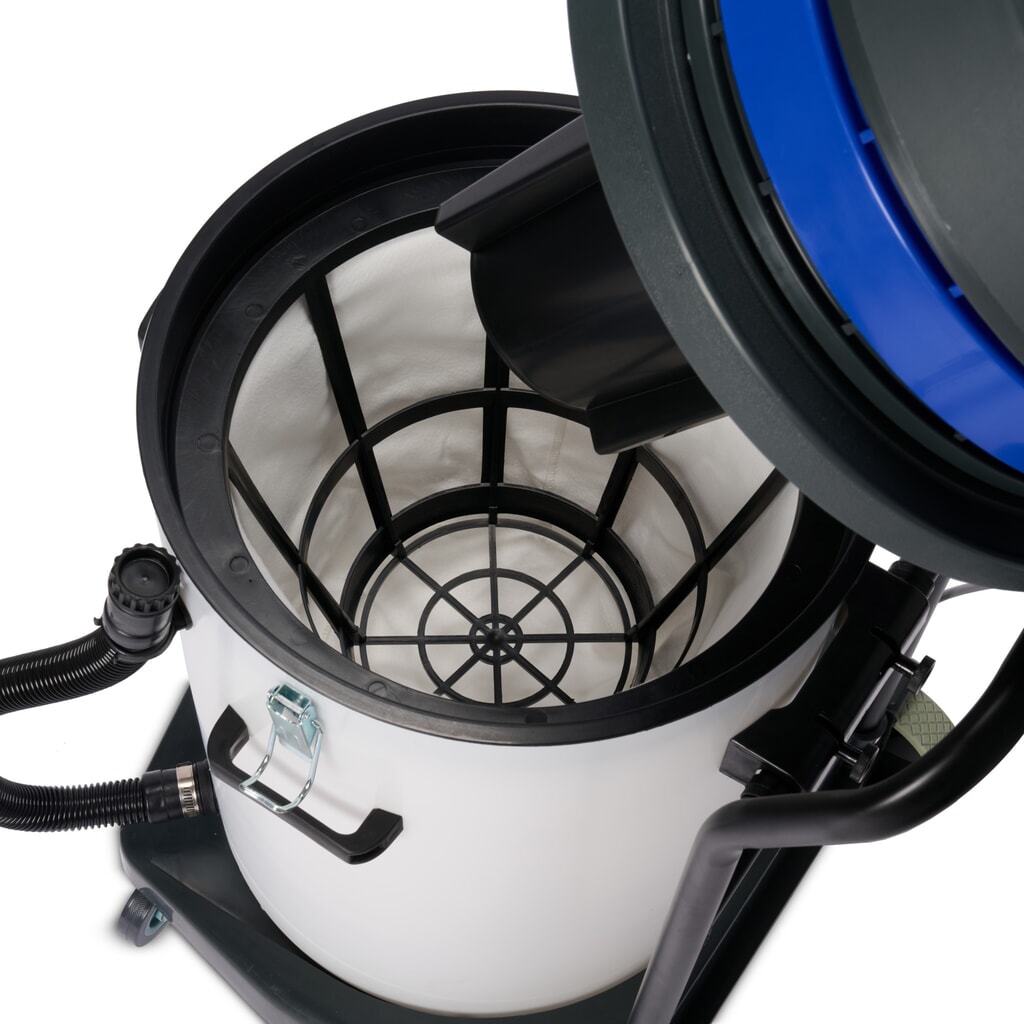 N° de l'image du produit 6 : Aspirateur industriel HEMMDAL, eau + poussière, cuve en plastique, 2 000 W, 70 l, châssis basculant, dossier de poussée, tuyau de vidange