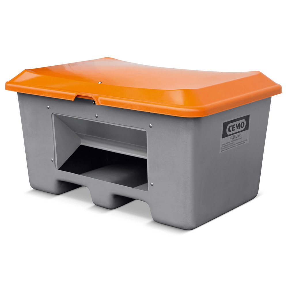Numéro de l'image du produit 1: Bac à sel CEMO avec ouverture d’écoulement, gris/orange, 400 litres, avec entrées de fourche