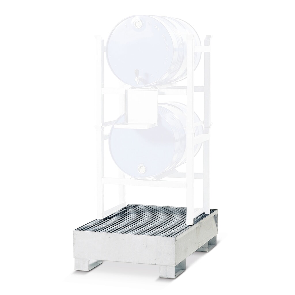Bac de rétention au sol asecos® en acier, pour rayonnage à fûts, accessible par dessous