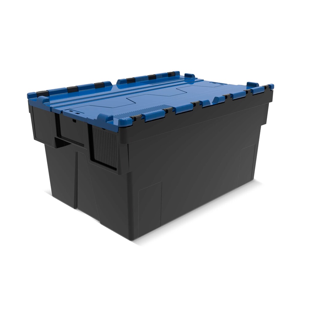 Alpha Eurobox en regranulés de PP avec couvercle basculant et rabattable, noir/bleu, 56 litres, HxLxP 310 x 600 x 400 mm Illustration du produit: Alpha Eurobox en regranulés de PP avec couvercle basculant et rabattable, noir/bleu, 56 litres, HxLxP 310 x 600 x 400 mm