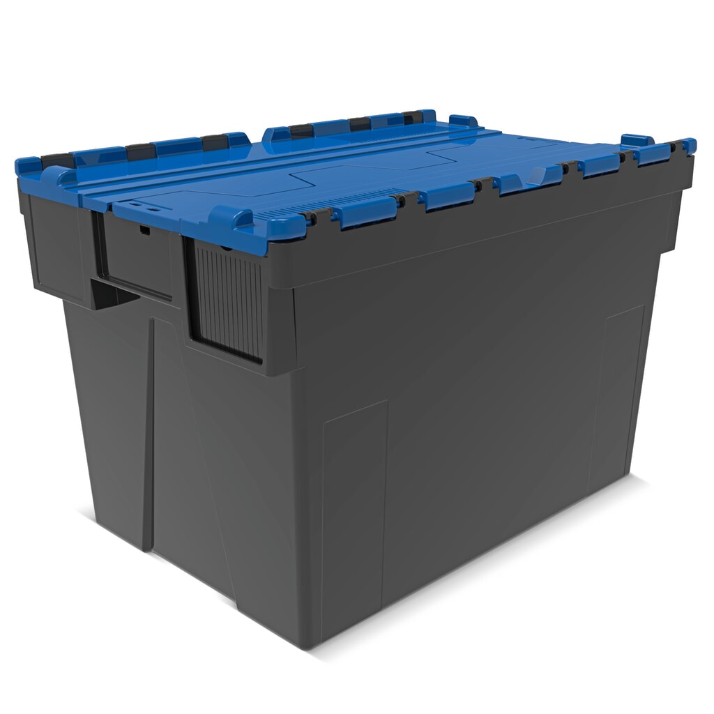 Alpha Eurobox en regranulés de PP avec couvercle basculant et rabattable, noir/bleu, 77 litres, haut. x larg. x prof. 400 x 600 x 400 mm Illustration du produit: Alpha Eurobox en regranulés de PP avec couvercle basculant et rabattable, noir/bleu, 77 litres, haut. x larg. x prof. 400 x 600 x 400 mm