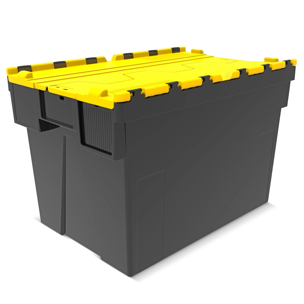 Alpha Eurobox en regranulés de PP avec couvercle basculant et rabattable, noir/jaune, 77 litres, haut. x larg. x prof. 400 x 600 x 400 mm Illustration du produit: Alpha Eurobox en regranulés de PP avec couvercle basculant et rabattable, noir/jaune, 77 litres, haut. x larg. x prof. 400 x 600 x 400 mm