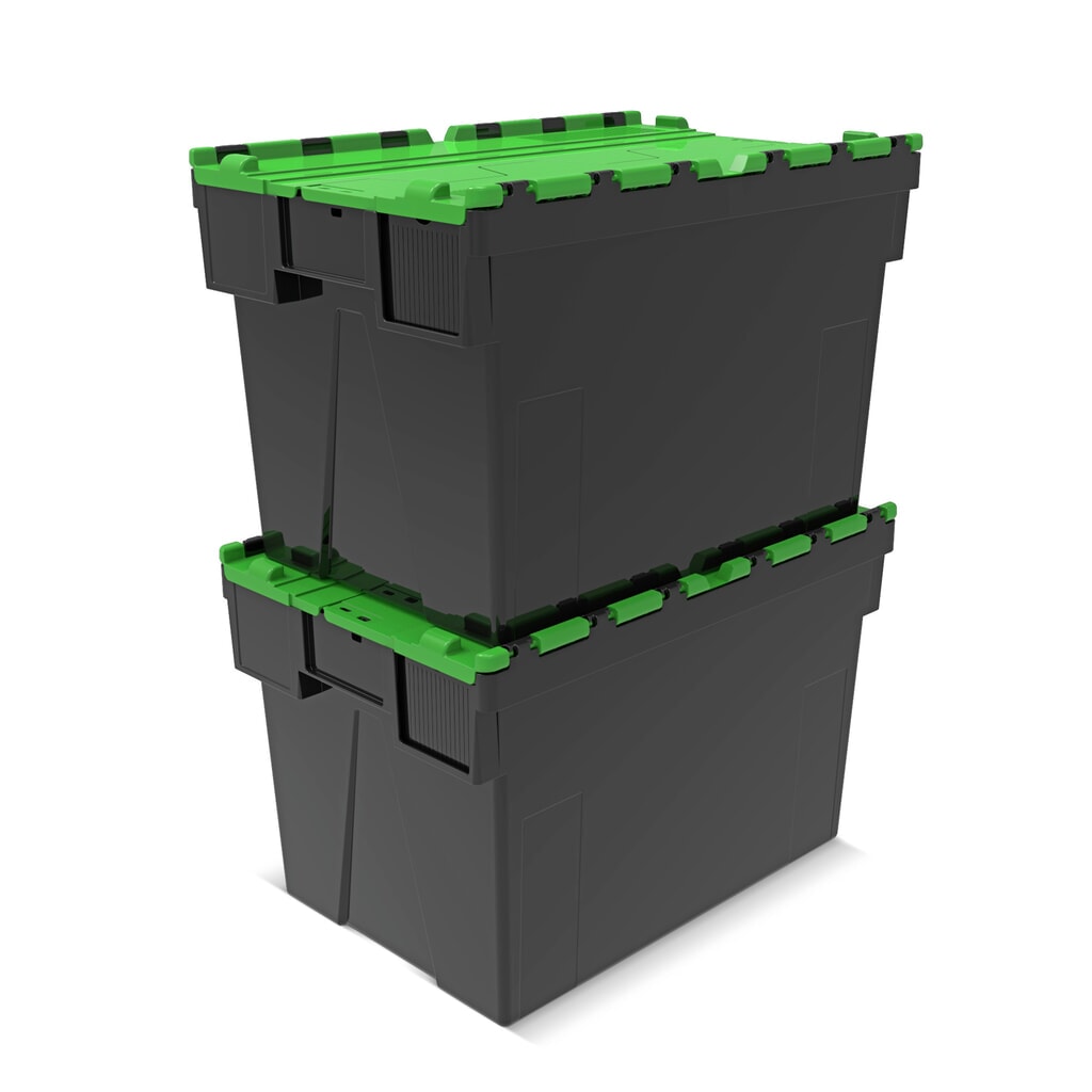 Alpha Eurobox en regranulés de PP avec couvercle basculant et rabattable, noir/vert, 77 litres, haut. x larg. x prof. 400 x 600 x 400 mm N° de l'image du produit 7 : Alpha Eurobox en regranulés de PP avec couvercle basculant et rabattable, noir/vert, 77 litres, haut. x larg. x prof. 400 x 600 x 400 mm