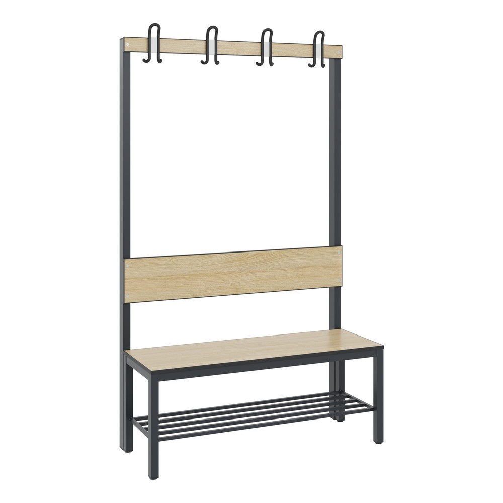 N° de l'image du produit 1 : Banc pour vestiaire C+P Basic Plus, longueur 1 000 mm, utilisable d’un seul côté, avec dossier, 4 crochets doubles, avec râtelier range-chaussures, gris-noir/chêne Sereno