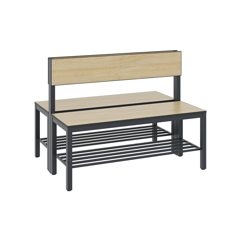 N° de l'image du produit 1 : Banc pour vestiaire C+P Basic Plus, longueur 1 000 mm, utilisable des deux côtés, avec dossier, avec râtelier range-chaussures, gris-noir/chêne Sereno