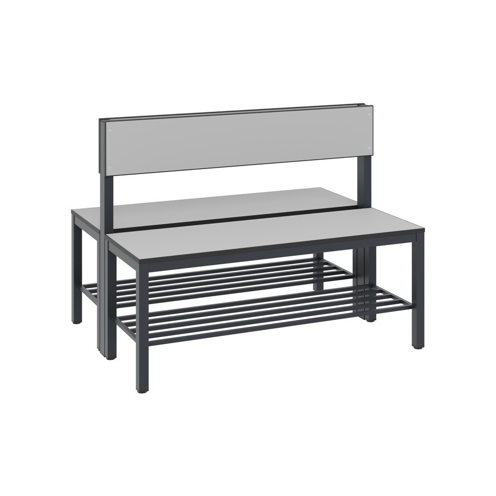 N° de l'image du produit 1 : Banc pour vestiaire C+P Basic Plus, longueur 1 000 mm, utilisable des deux côtés, avec dossier, avec râtelier range-chaussures, gris-noir/gris-argent