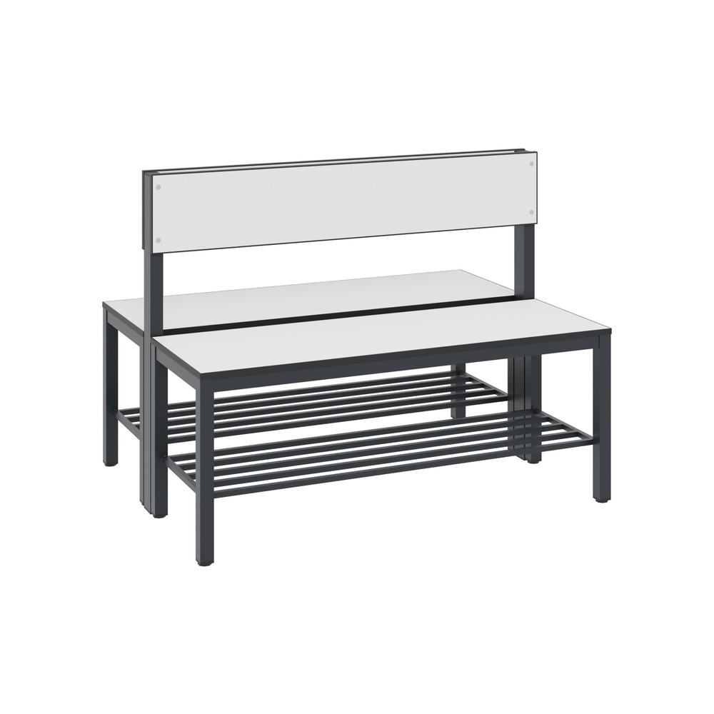 N° de l'image du produit 1 : Banc pour vestiaire C+P Basic Plus, longueur 1 000 mm, utilisable des deux côtés, avec dossier, avec râtelier range-chaussures, gris-noir/blanc