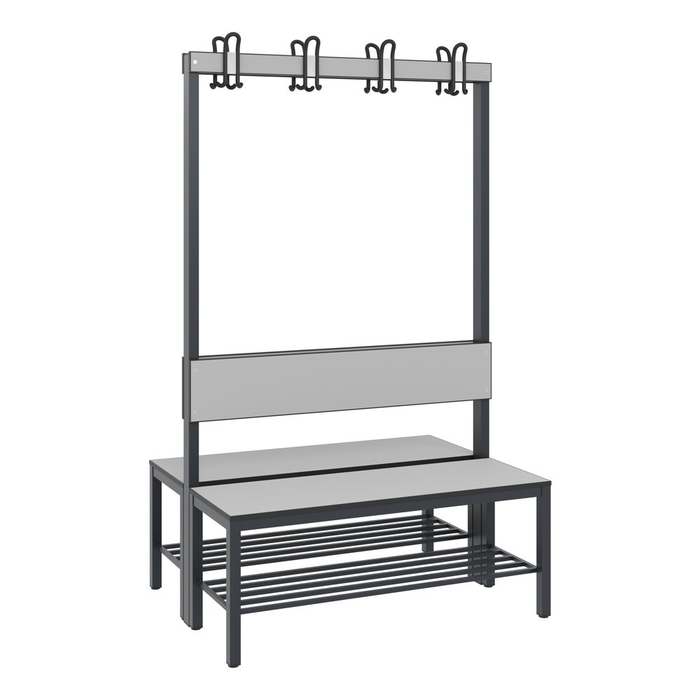 Numéro de l'image du produit 1: Banc pour vestiaire C+P Basic Plus, longueur 1 000 mm, utilisable des deux côtés, avec dossier, 2x4 crochets doubles, avec râtelier range-chaussures, gris-noir/gris-argent