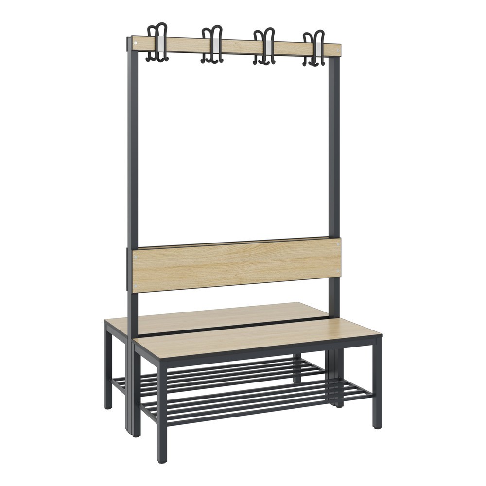 N° de l'image du produit 1 : Banc pour vestiaire C+P Basic Plus, longueur 1 000 mm, utilisable des deux côtés, avec dossier, 2x4 crochets doubles, avec râtelier range-chaussures, gris-noir/chêne Sereno