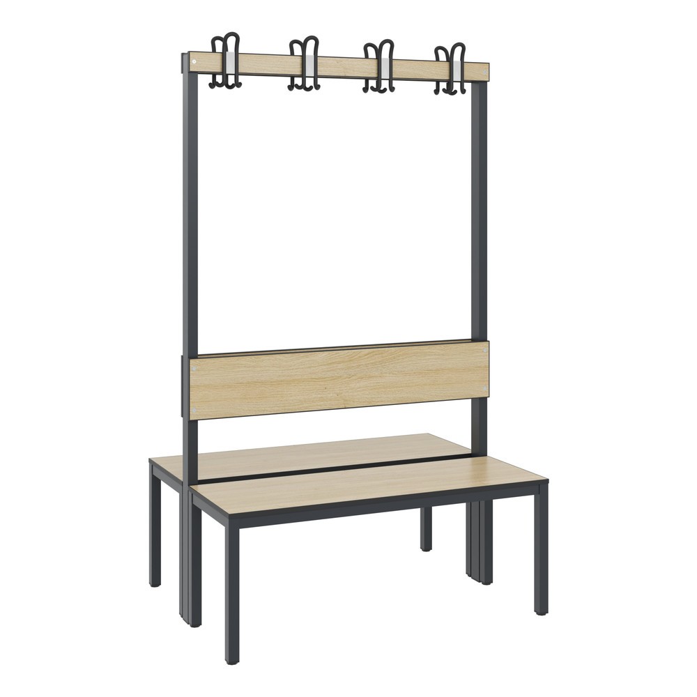 Numéro de l'image du produit 1: Banc pour vestiaire C+P Basic Plus, longueur 1 000 mm, utilisable d’un seul côté, avec dossier, 2x4 crochets doubles, gris-noir/chêne Sereno