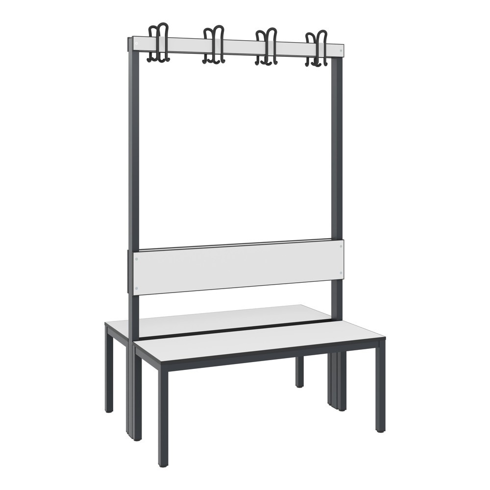Numéro de l'image du produit 1: Banc pour vestiaire C+P Basic Plus, longueur 1 000 mm, utilisable d’un seul côté, avec dossier, 2x4 crochets doubles, gris-noir/blanc