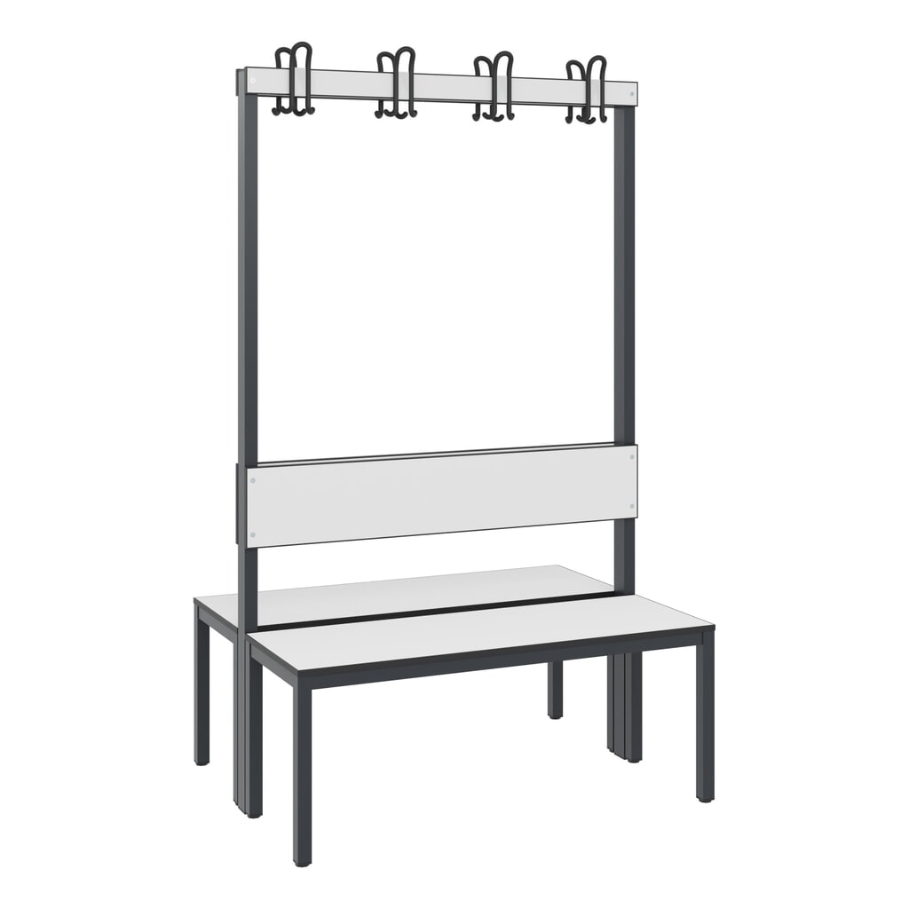 Banc pour vestiaire C+P Basic Plus, longueur 1 000 mm, utilisable d’un seul côté, avec dossier, 2x4 crochets doubles, gris-noir/blanc N° de l'image du produit 1 : Banc pour vestiaire C+P Basic Plus, longueur 1 000 mm, utilisable d’un seul côté, avec dossier, 2x4 crochets doubles, gris-noir/blanc