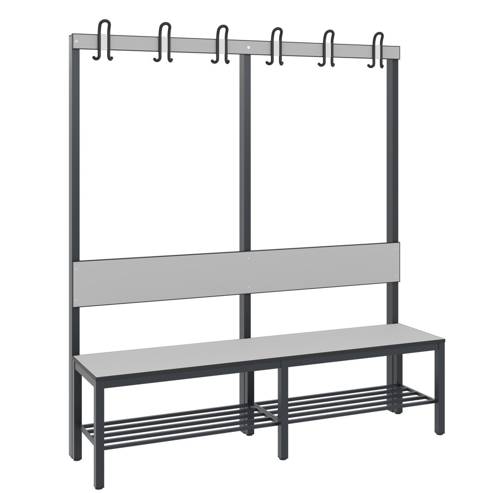 Numéro de l'image du produit 1: Banc pour vestiaire C+P Basic Plus, longueur 1 500 mm, utilisable d’un seul côté, avec dossier, 6 crochets doubles, avec râtelier range-chaussures, gris-noir/gris-argent