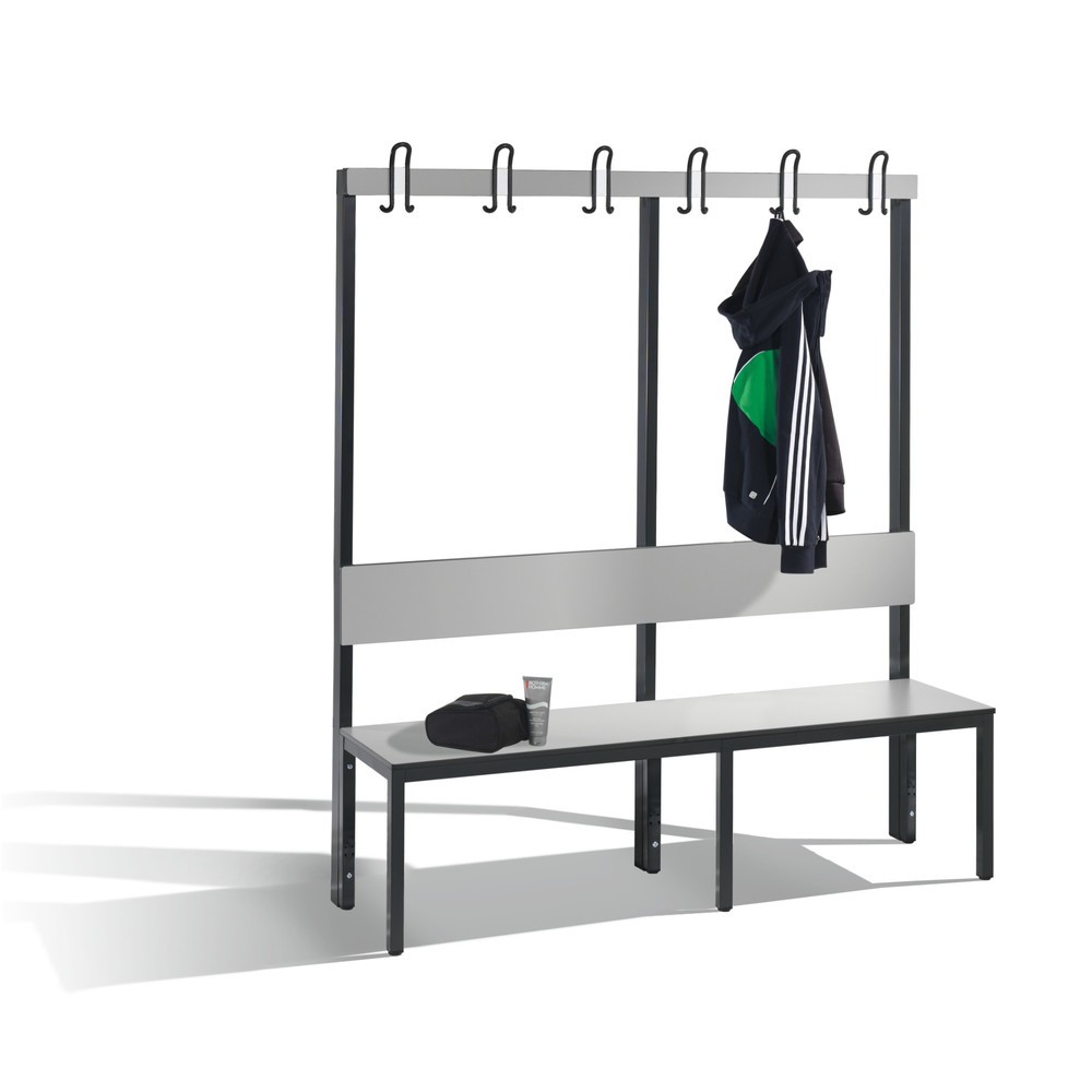 N° de l'image du produit 3 : Banc pour vestiaire C+P Basic Plus, longueur 1 500 mm, utilisable d’un seul côté, avec dossier, 6 crochets doubles, gris-noir / gris-argent