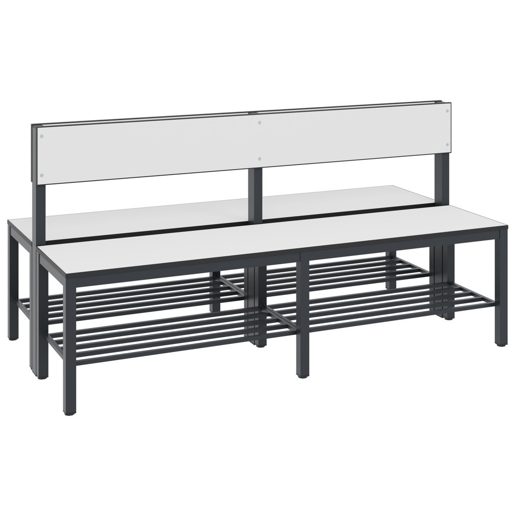 Numéro de l'image du produit 1: Banc pour vestiaire C+P Basic Plus, longueur 1 500 mm, utilisable des deux côtés, avec dossier, avec râtelier range-chaussures, gris-noir/blanc