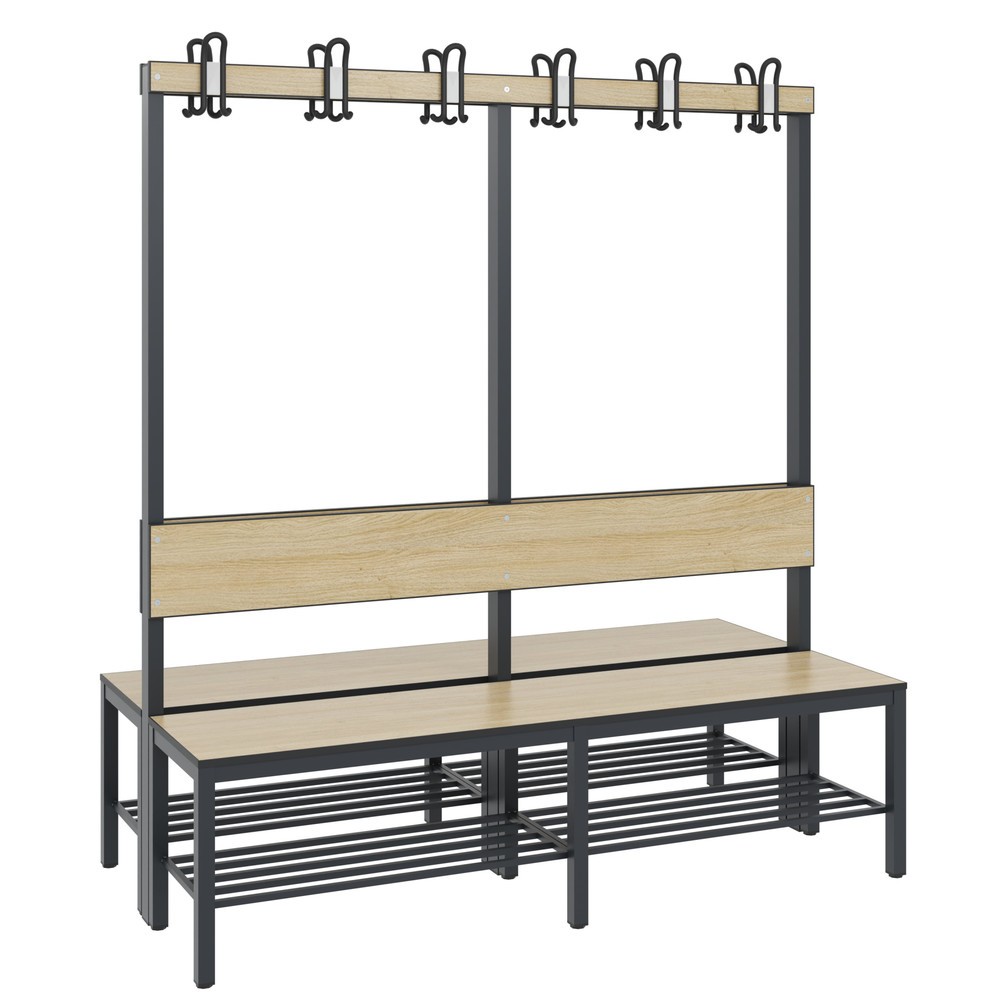 N° de l'image du produit 1 : Banc pour vestiaire C+P Basic Plus, longueur 1 500 mm, utilisable des deux côtés, avec dossier, 2x6 crochets doubles, avec râtelier range-chaussures gris-noir/chêne Sereno