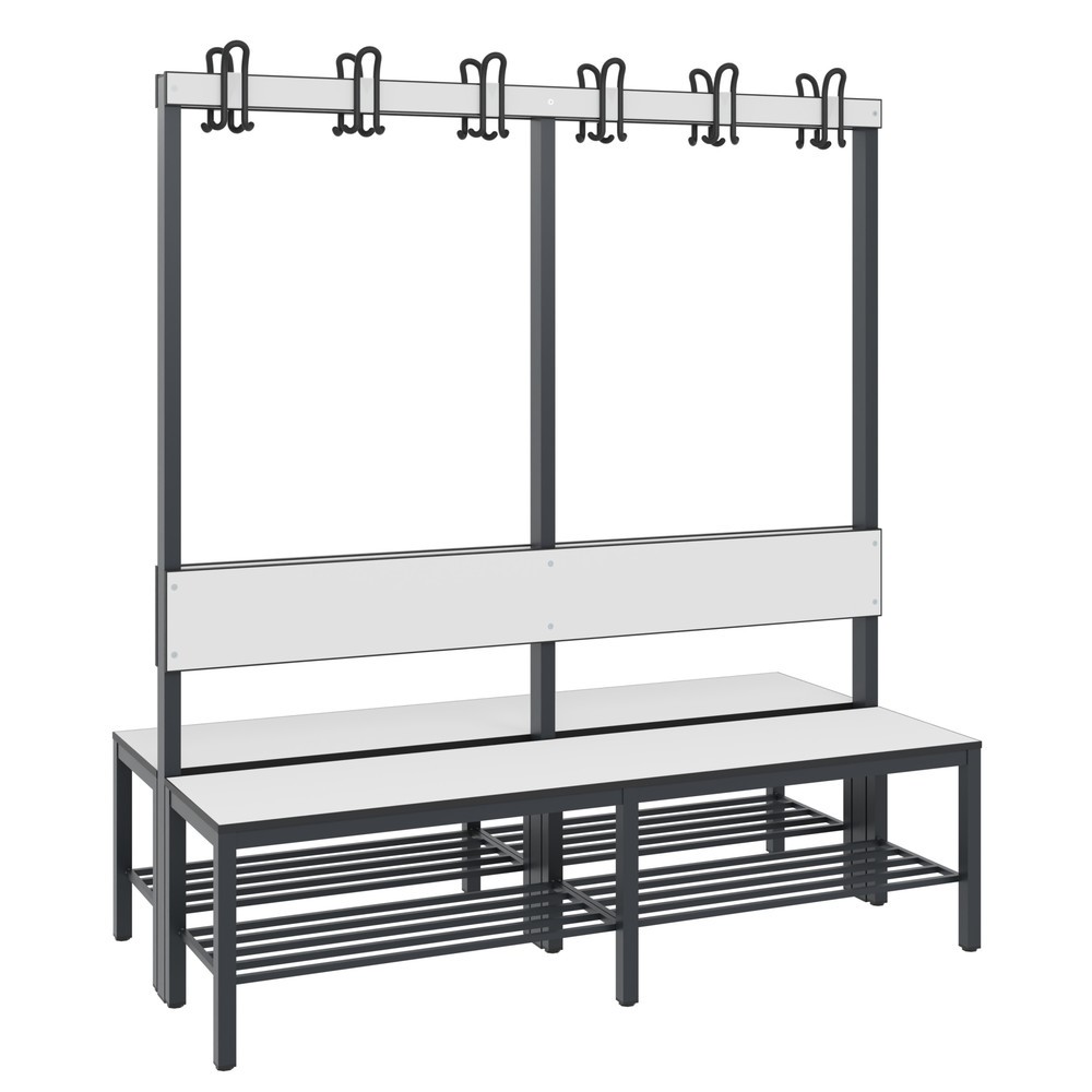Numéro de l'image du produit 1: Banc pour vestiaire C+P Basic Plus, longueur 1 500 mm, utilisable des deux côtés, avec dossier, 2x6 crochets doubles, avec râtelier range-chaussures gris-noir/blanc