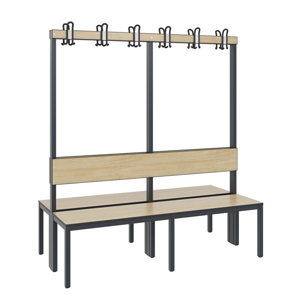 Numéro de l'image du produit 1: Banc pour vestiaire C+P Basic Plus, longueur 1 500 mm, utilisable des deux côtés, avec dossier, 2x6 crochets doubles, gris-noir/chêne Sereno