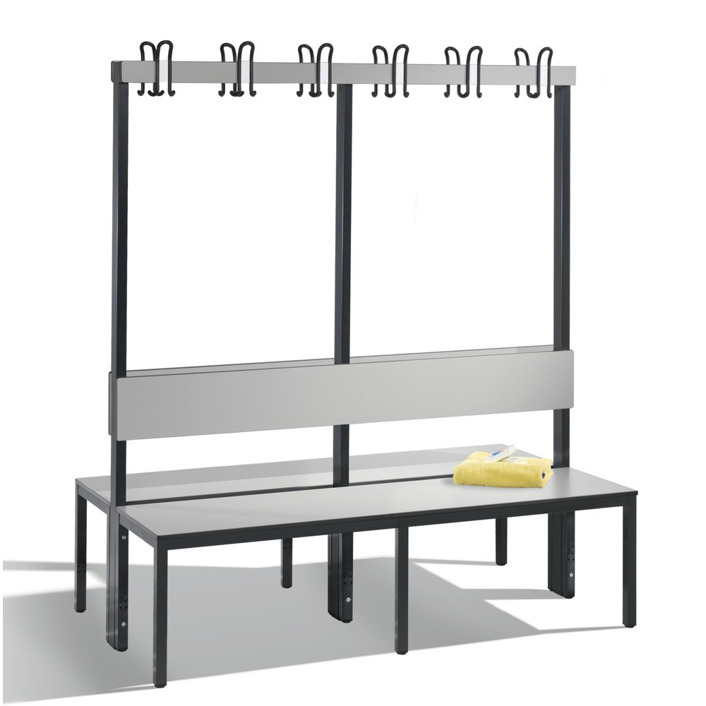 Numéro de l'image du produit 1: Banc pour vestiaire C+P Basic Plus, longueur 1 500 mm, utilisable des deux côtés, avec dossier, 2x6 crochets doubles, gris-noir/gris-argent