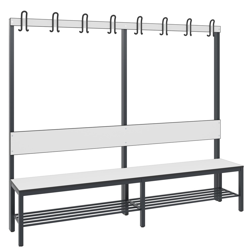 N° de l'image du produit 1 : Banc pour vestiaire C+P Basic Plus, longueur 1 960 mm, utilisable d’un seul côté, avec dossier, 8 crochets doubles, avec râtelier range-chaussures, gris-noir / blanc