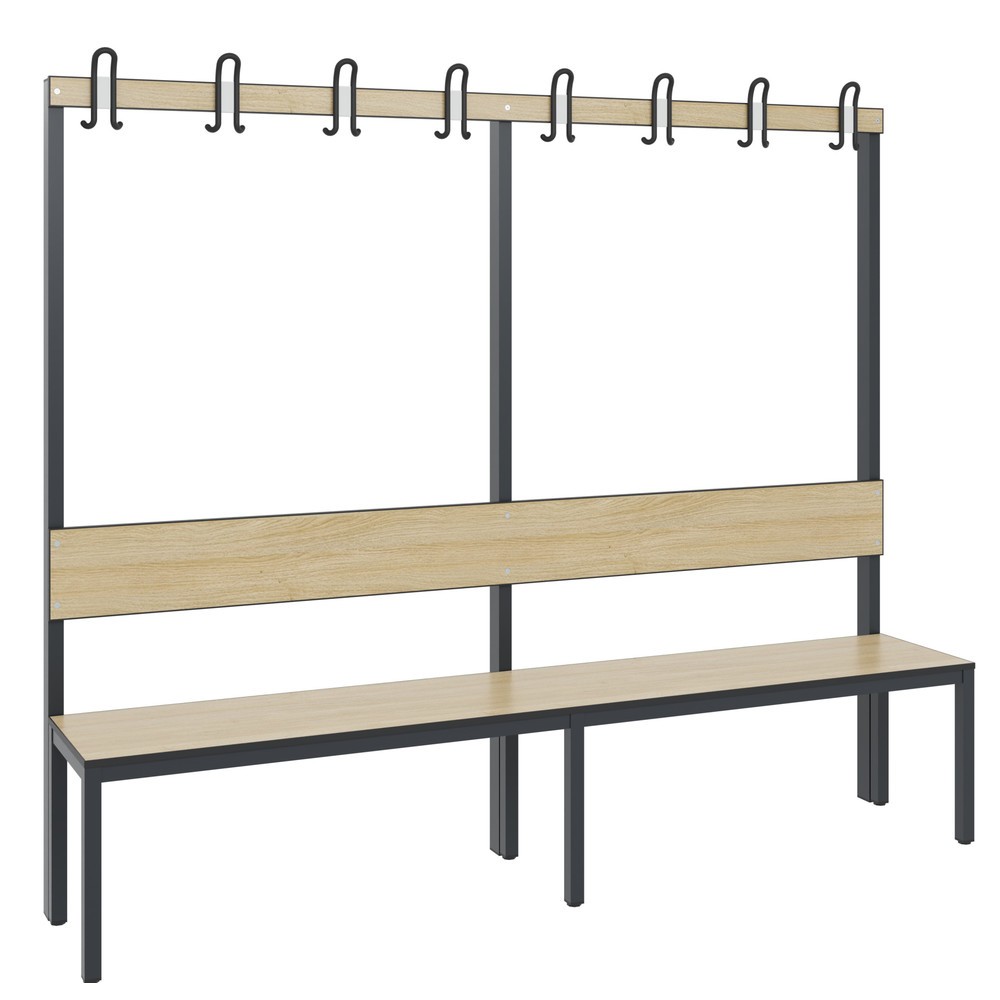 Numéro de l'image du produit 1: Banc pour vestiaire C+P Basic Plus, longueur 1 960 mm, utilisable d’un seul côté, avec dossier, 8 crochets doubles, gris-noir / chêne Sereno