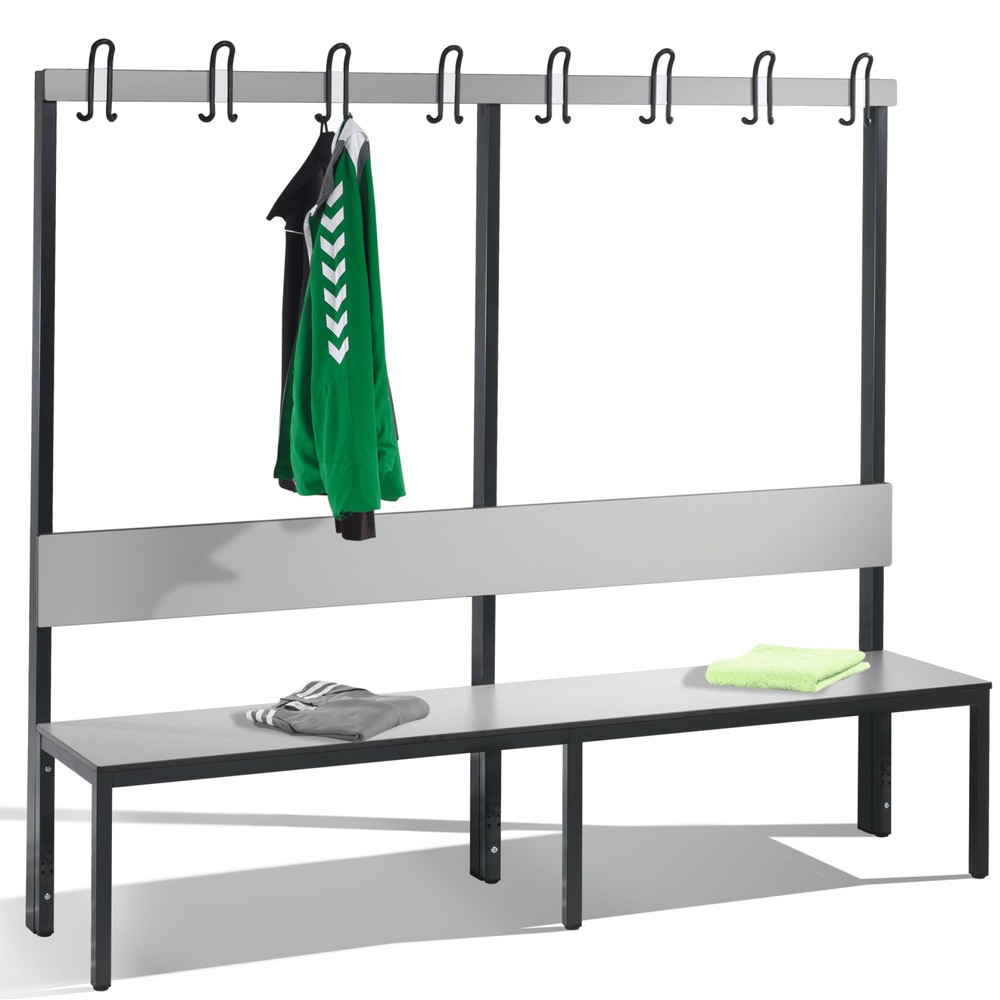 Numéro de l'image du produit 1: Banc pour vestiaire C+P Basic Plus, longueur 1 960 mm, utilisable d’un seul côté, avec dossier, 8 crochets doubles, gris-noir / gris-argent