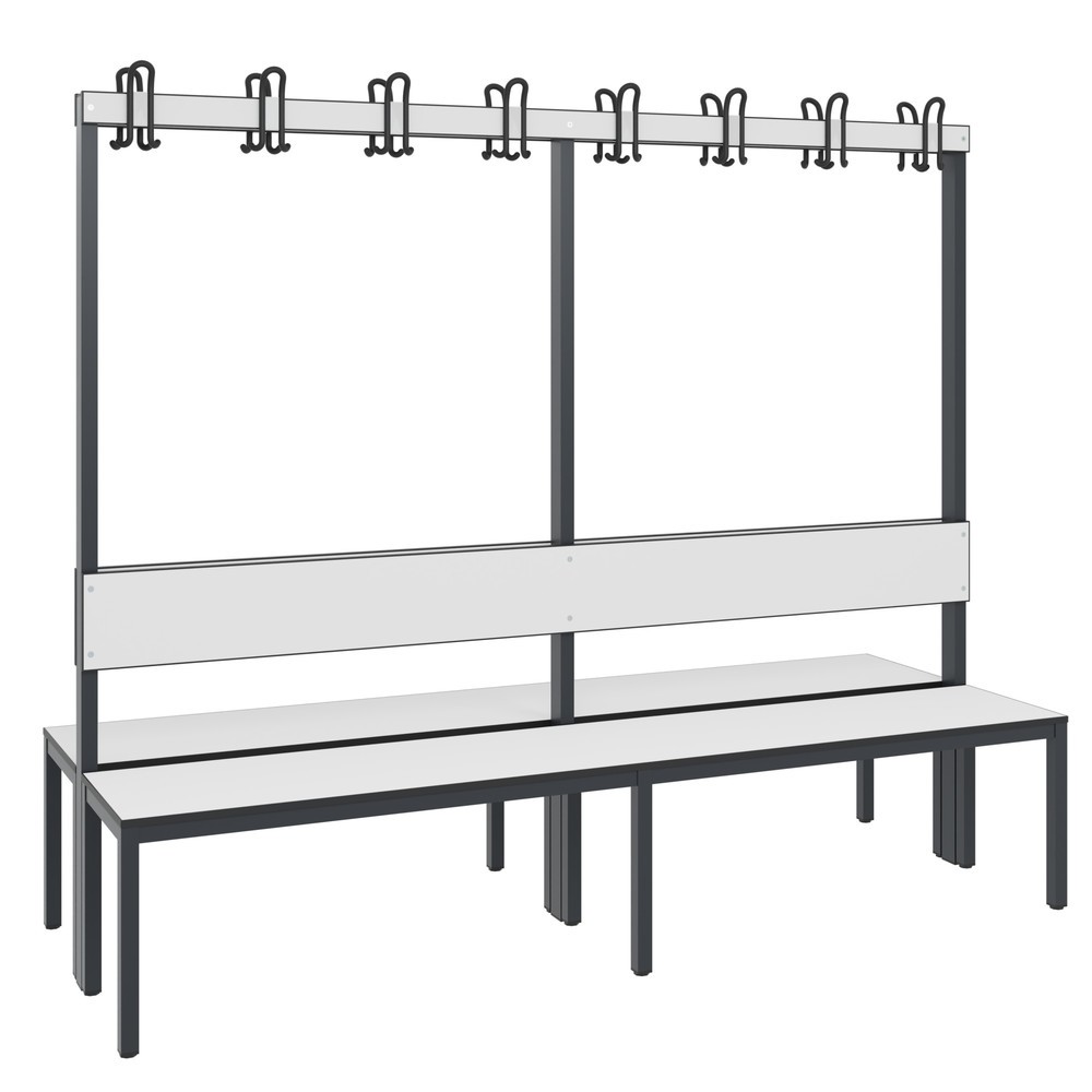 Numéro de l'image du produit 1: Banc pour vestiaire C+P Basic Plus, longueur 1 960 mm, utilisable des deux côtés, avec dossier, 2x8 crochets doubles, gris-noir / blanc