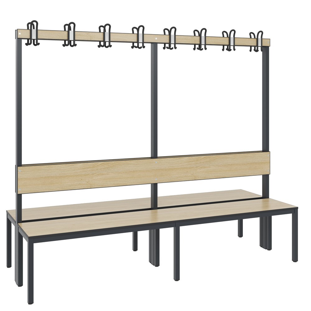 Numéro de l'image du produit 1: Banc pour vestiaire C+P Basic Plus, longueur 1 960 mm, utilisable des deux côtés, avec dossier, 2x8 crochets doubles, gris-noir / chêne Sereno