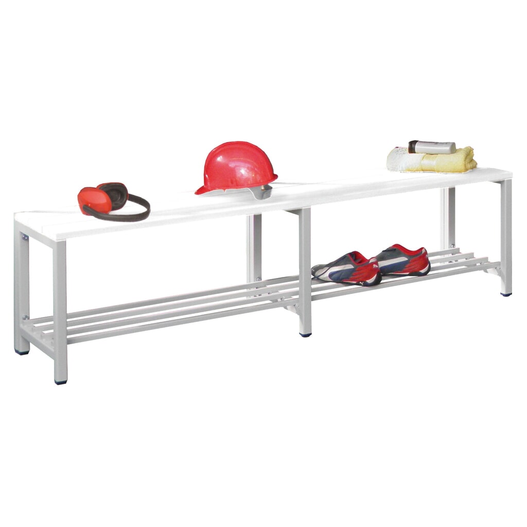 Banc pour vestiaire PAVOY, longueur 2 000 mm, avec porte-chaussure, bleu gentiane N° de l'image du produit 1 : Banc pour vestiaire PAVOY, longueur 2 000 mm, avec porte-chaussure, bleu gentiane