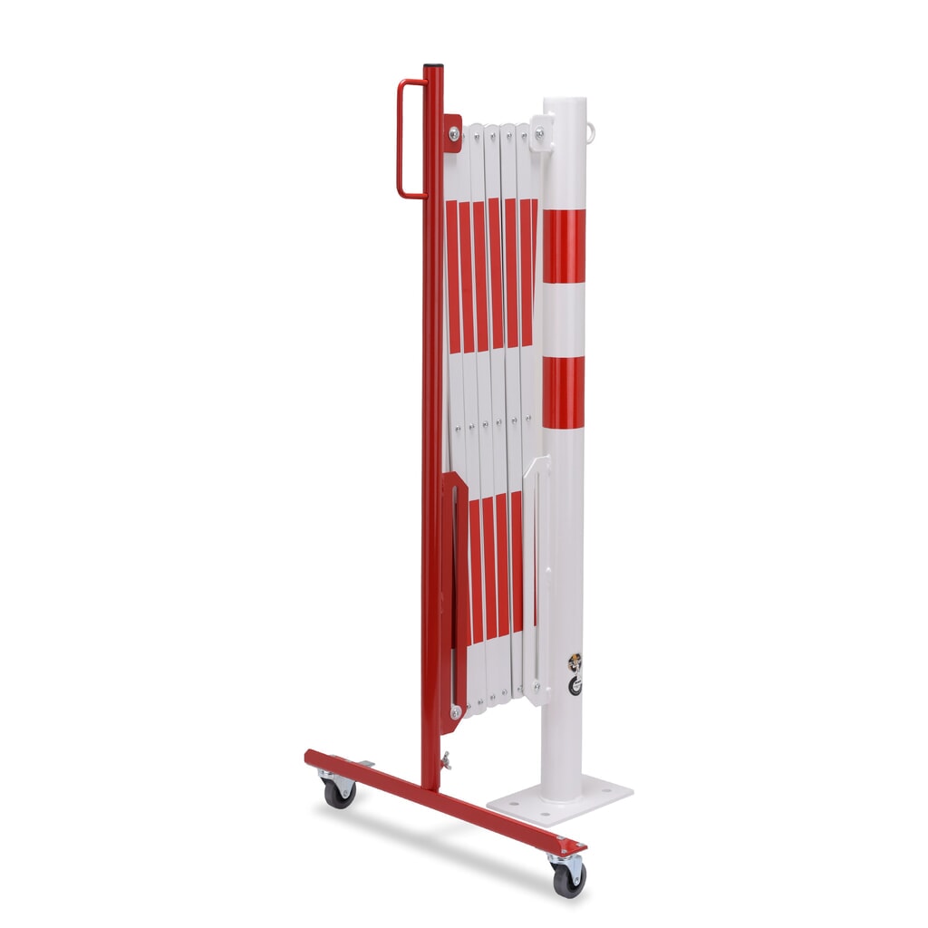 Barrière extensible dancop avec potelets, Ø 60 mm, largeur 3 600 mm, rouge/blanc N° de l'image du produit 4 : Barrière extensible dancop avec potelets, Ø 60 mm, largeur 3 600 mm, rouge/blanc