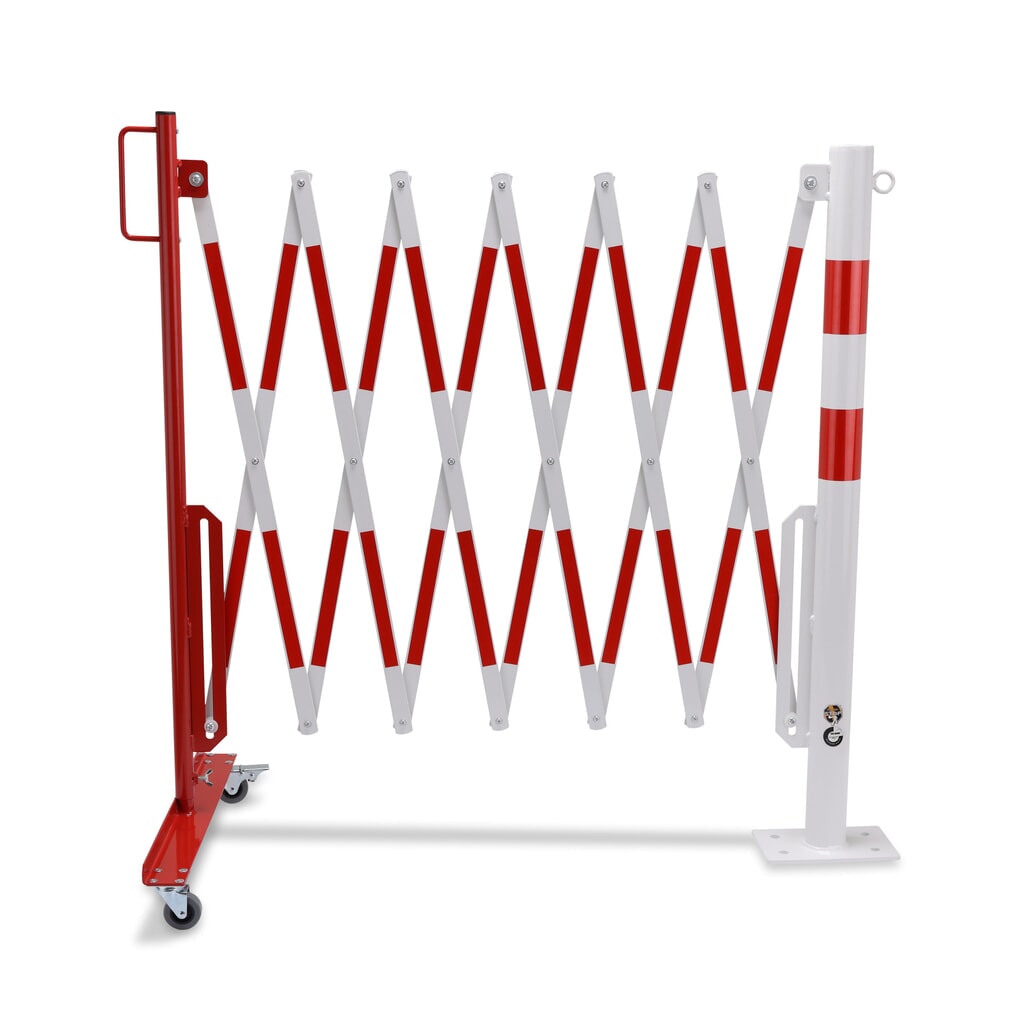 Barrière extensible dancop avec potelets, Ø 60 mm, largeur 3 600 mm, rouge/blanc N° de l'image du produit 5 : Barrière extensible dancop avec potelets, Ø 60 mm, largeur 3 600 mm, rouge/blanc