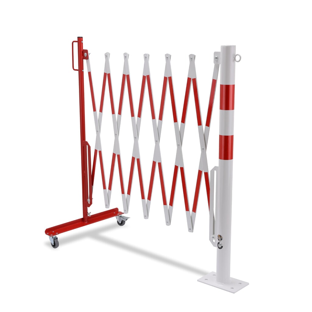 Barrière extensible dancop avec potelets, Ø 60 mm, largeur 3 600 mm, rouge/blanc N° de l'image du produit 6 : Barrière extensible dancop avec potelets, Ø 60 mm, largeur 3 600 mm, rouge/blanc