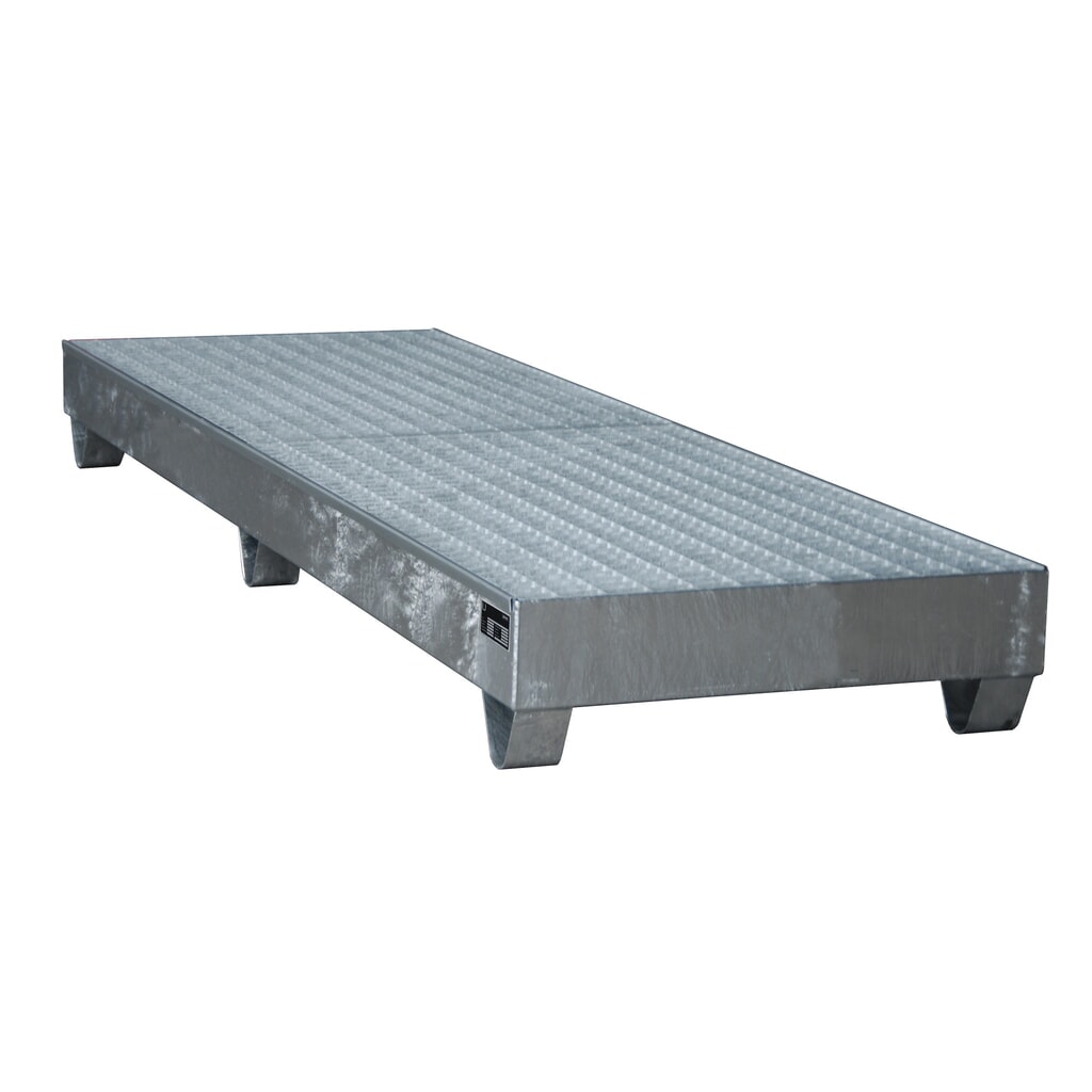 Bauer® bac de rétention en acier, hauteur libre 100 mm, H x l x P 250 x 2 400 x 800 mm, avec grille, 4 x 200 l, galvanisé à chaud N° de l'image du produit 2 : Bauer® bac de rétention en acier, hauteur libre 100 mm, H x l x P 250 x 2 400 x 800 mm, avec grille, 4 x 200 l, galvanisé à chaud