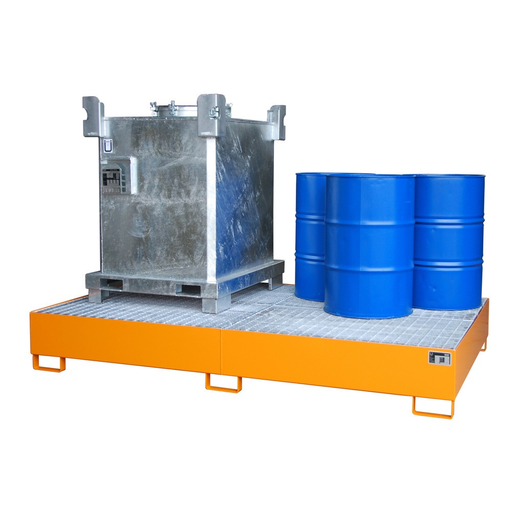 Numéro de l'image du produit 1: Bauer® Bac de rétention en acier pour 2 cuves KTC/IBC ou 10 fûts de 200 l, jaune-orange
