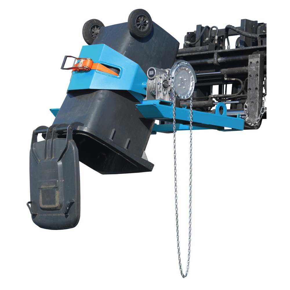 Numéro de l'image du produit 1: Bauer® Dispositif bascule-fût, capacité de charge 300 kg, pour fût de Ø 350-600 mm, chaîne sans fin, RAL 5012 bleu clair