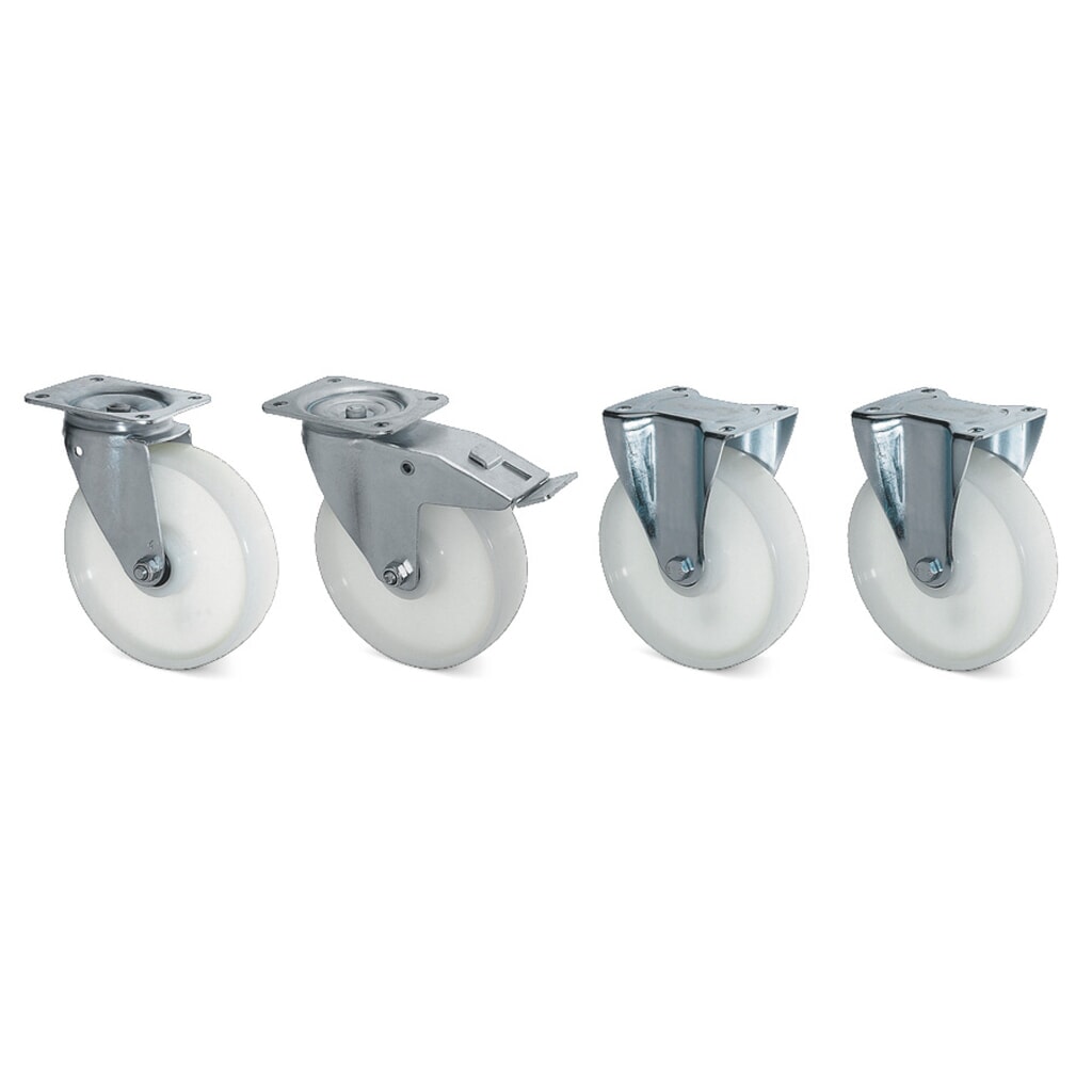 Jeu de roues directrices et fixes Bauer® en polyamide, diamètre 180 mm, charge 450 kg par roue Illustration du produit: Jeu de roues directrices et fixes Bauer® en polyamide, diamètre 180 mm, charge 450 kg par roue