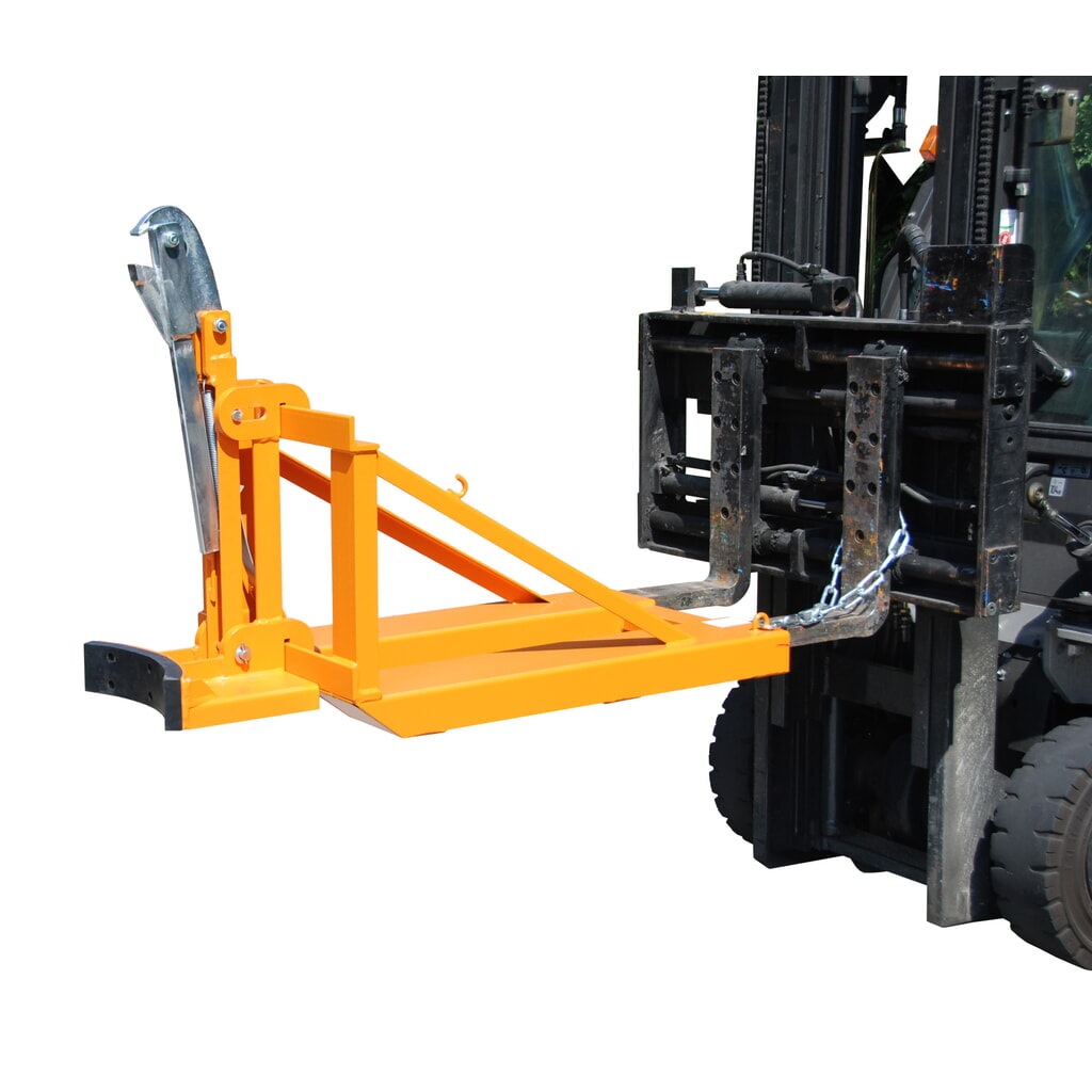Bauer® Pince à fûts pour fûts en acier à double rebord et fûts en plastique à double rebord, accessoire pour chariot élévateur, capacité de charge 800 kg, RAL 2000 jaune-orange Illustration du produit: Bauer® Pince à fûts pour fûts en acier à double rebord et fûts en plastique à double rebord, accessoire pour chariot élévateur, capacité de charge 800 kg, RAL 2000 jaune-orange