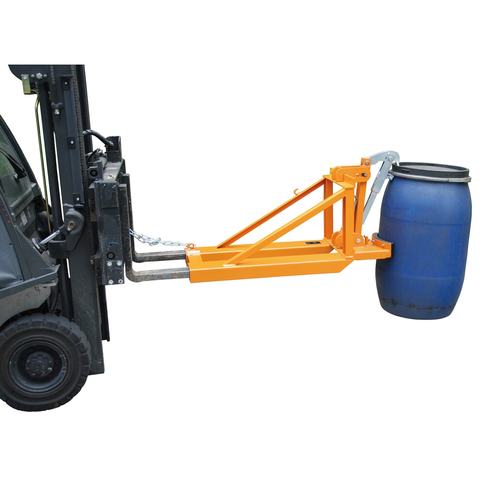Bauer® Pince à fûts pour fûts à couvercle en plastique, accessoire pour chariot élévateur, capacité de charge 800 kg, RAL 2000 jaune-orange Illustration du produit: Bauer® Pince à fûts pour fûts à couvercle en plastique, accessoire pour chariot élévateur, capacité de charge 800 kg, RAL 2000 jaune-orange