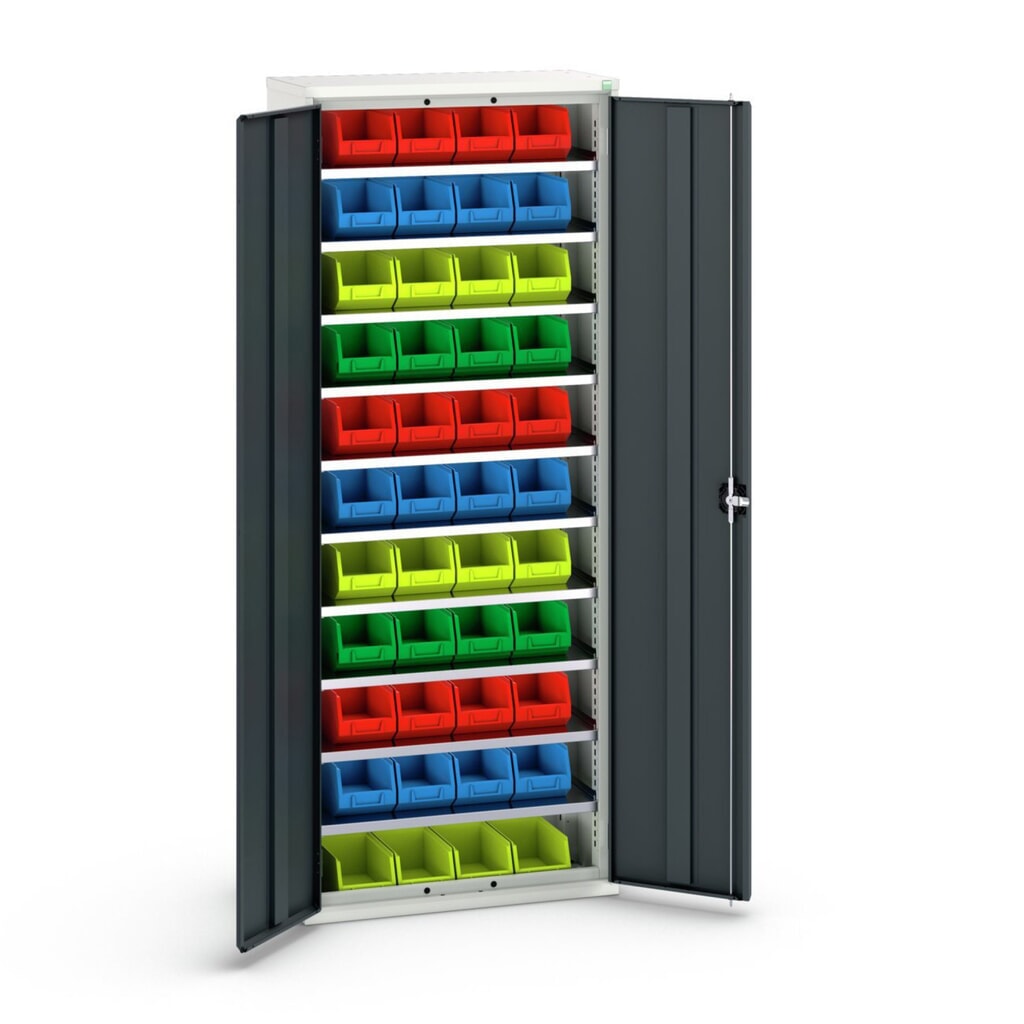 bott Armoire à bacs verso, avec 10 tablettes et 44 bacs à bec, lxPxH : 800 x 350 x 2 000 mm Illustration du produit: bott Armoire à bacs verso, avec 10 tablettes et 44 bacs à bec, lxPxH : 800 x 350 x 2 000 mm