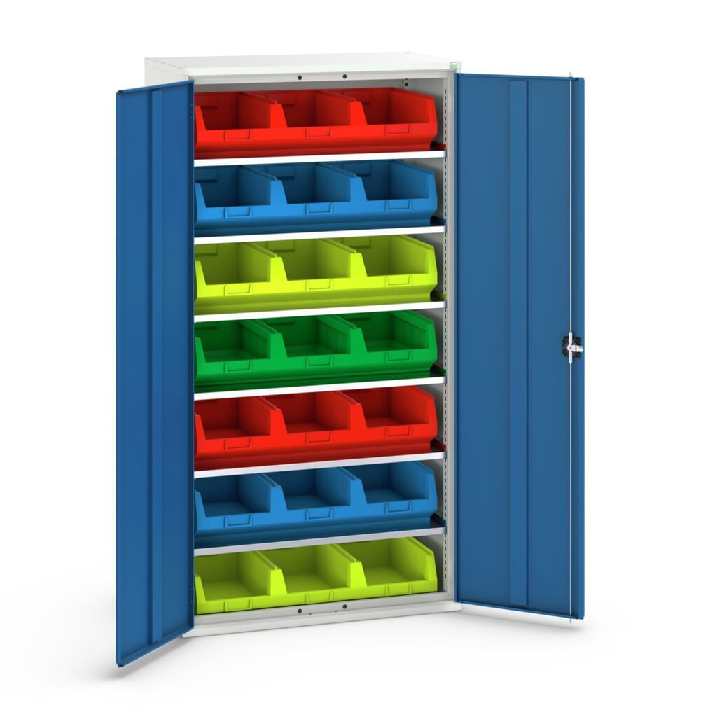 Illustration du produit: bott Armoire à bacs verso, avec 6 tablettes et 21 bacs à bec, lxPxH : 1 050 x 550 x 2 000 mm
