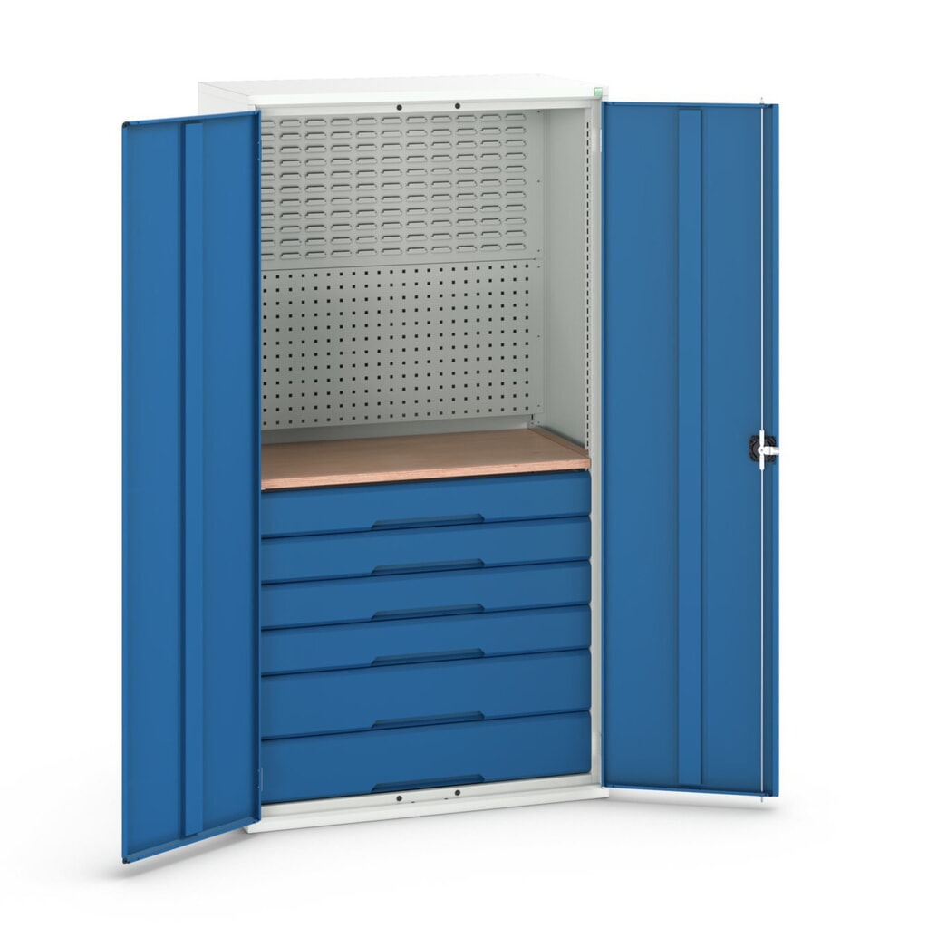 N° de l'image du produit 1 : bott Armoire à portes battantes verso avec 6 tiroirs, avec paroi arrière et plan de travail, lxPxH : 1 050 x 550 x 2 000 mm