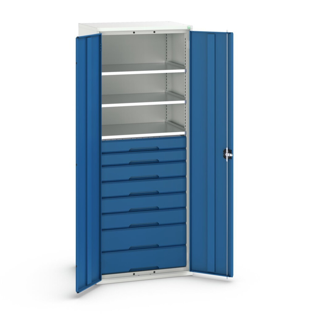 N° de l'image du produit 1 : bott Armoire à portes battantes avec tiroirs verso, avec 3 tablettes et 8 tiroirs, lxPxH : 800 x 550 x 2 000 mm